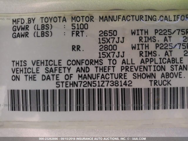 5TEHN72N51Z738142 - 2001 TOYOTA TACOMA DOUBLE CAB 银色 照片 9