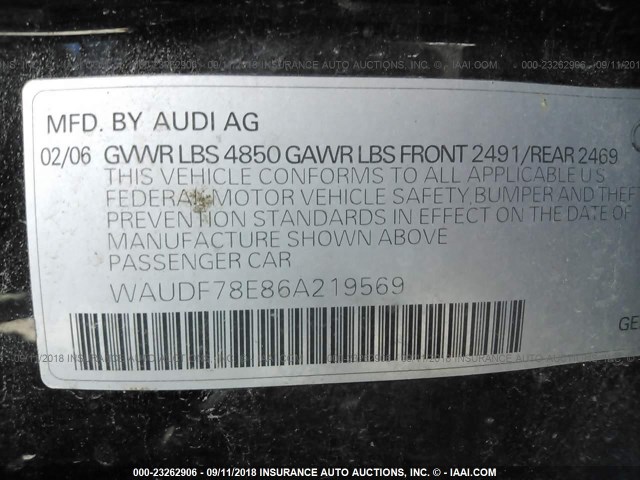 WAUDF78E86A219569 - 2006 AUDI A4 2.0T QUATTRO BLACK photo 9