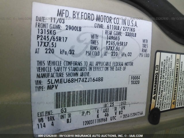 5LMEU68H74ZJ16488 - 2004 LINCOLN AVIATOR 金色 照片 9