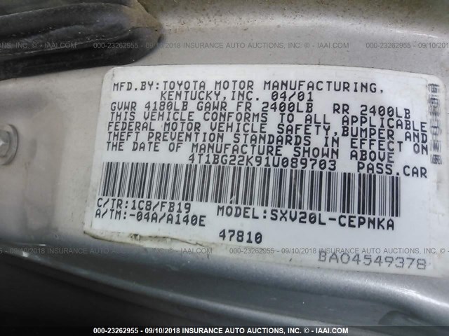 4T1BG22K91U089703 - 2001 TOYOTA CAMRY CE/LE/XLE 银色 照片 9
