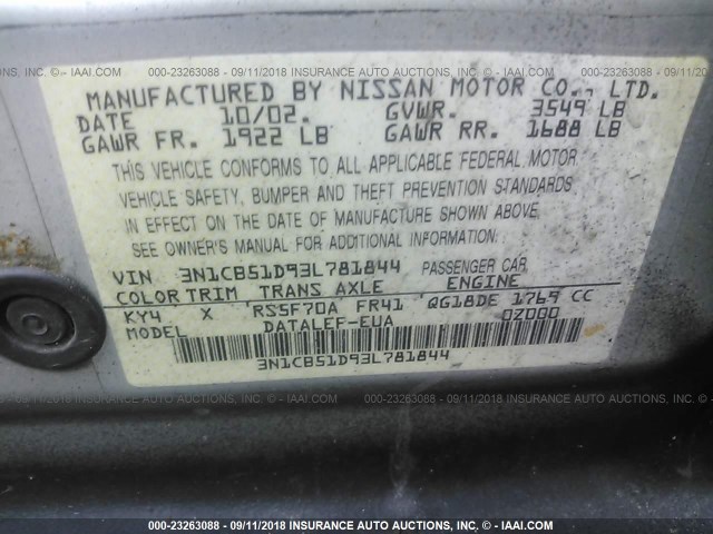 3N1CB51D93L781844 - 2003 NISSAN SENTRA XE/GXE SILVER photo 9