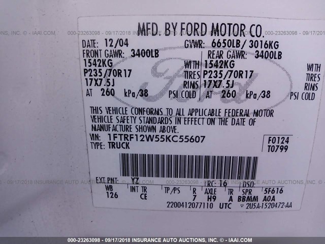 1FTRF12W55KC55607 - 2005 FORD F150 WHITE photo 9