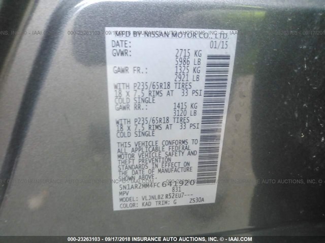 5N1AR2MM4FC641920 - 2015 NISSAN PATHFINDER S/SV/SL/PLATINUM GRAY photo 9