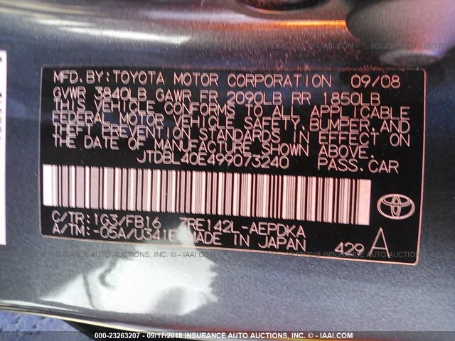 JTDBL40E499073240 - 2009 TOYOTA COROLLA LE/XLE GRAY photo 9