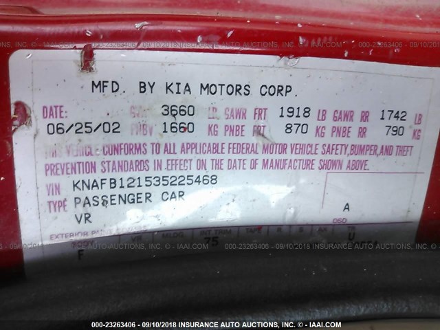 KNAFB121535225468 - 2003 KIA SPECTRA LS RED photo 9