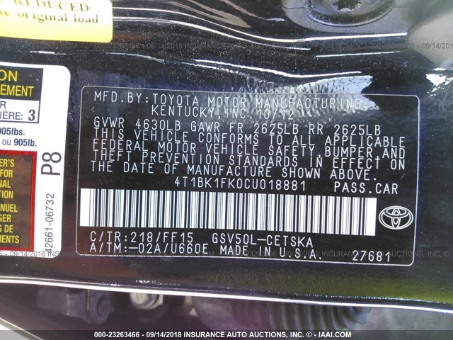 4T1BK1FK0CU018881 - 2012 TOYOTA CAMRY SE/XLE BLACK photo 9