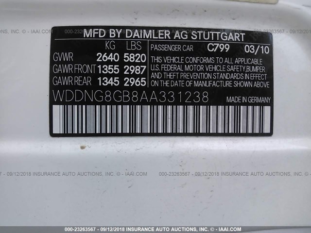 WDDNG8GB8AA331238 - 2010 MERCEDES-BENZ S 550 4MATIC WHITE photo 9