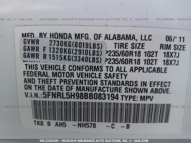 5FNRL5H98BB083194 - 2011 HONDA ODYSSEY TOURING/TOURING ELITE WHITE photo 9