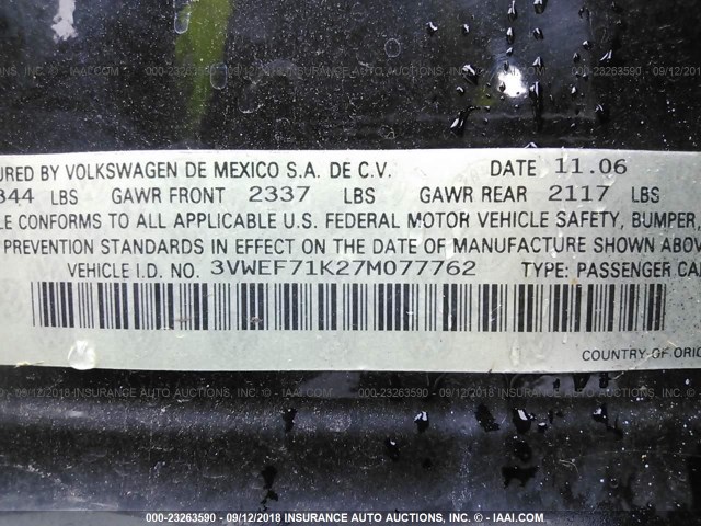 3VWEF71K27M077762 - 2007 VOLKSWAGEN JETTA WOLFSBURG 黑色 照片 9