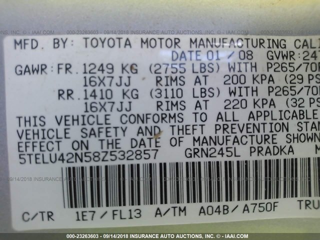 5TELU42N58Z532857 - 2008 TOYOTA TACOMA DOUBLE CAB 银色 照片 9