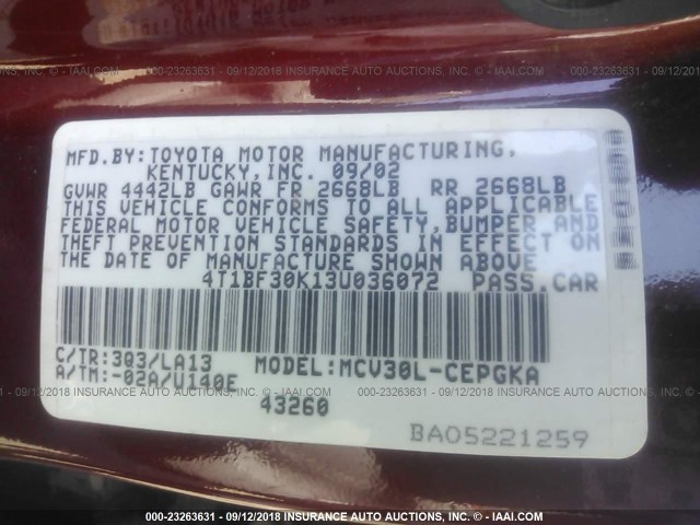 4T1BF30K13U036072 - 2003 TOYOTA CAMRY LE/XLE/SE Bordo foto 9