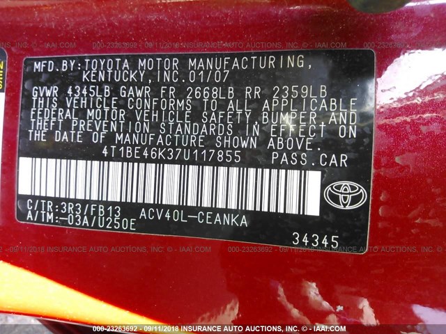 4T1BE46K37U117855 - 2007 TOYOTA CAMRY NEW GENERAT CE/LE/XLE/SE RED photo 9