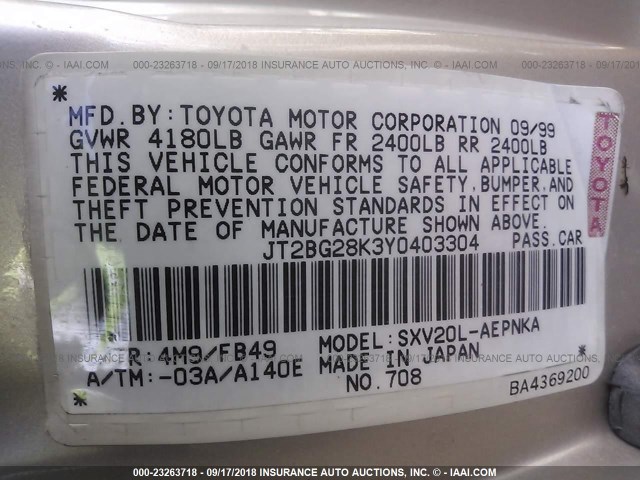 JT2BG28K3Y0403304 - 2000 TOYOTA CAMRY LE/XLE TAN photo 9