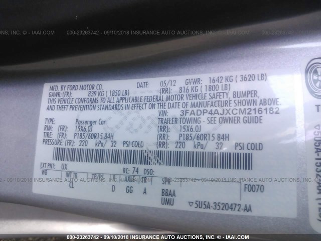 3FADP4AJXCM216182 - 2012 FORD FIESTA S SILVER photo 9