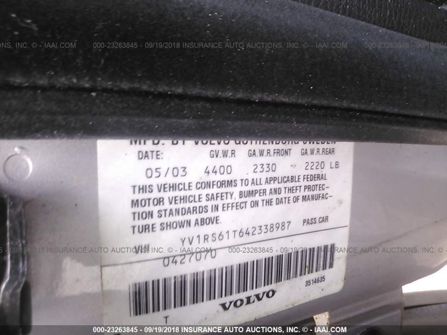 YV1RS61T642338987 - 2004 VOLVO S60 SILVER photo 9