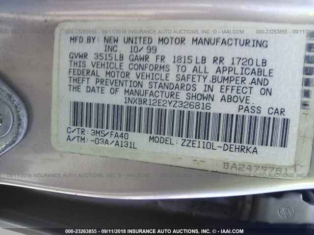 1NXBR12E2YZ326816 - 2000 TOYOTA COROLLA VE/CE/LE 灰色 照片 9