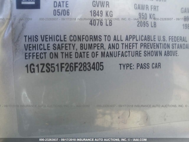 1G1ZS51F26F283405 - 2006 CHEVROLET MALIBU LS ვერცხლისფერი ფოტო 9