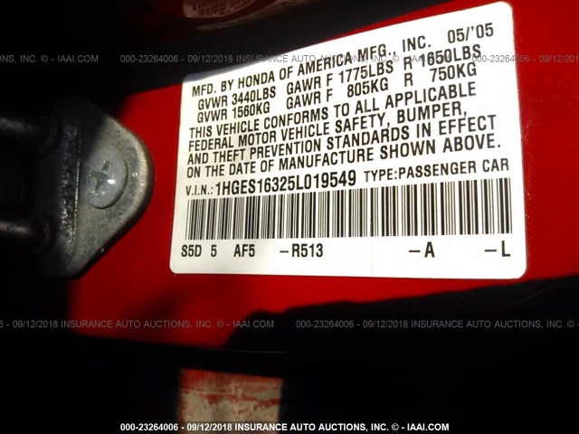 1HGES16325L019549 - 2005 HONDA CIVIC DX VP Qırmızı foto 9