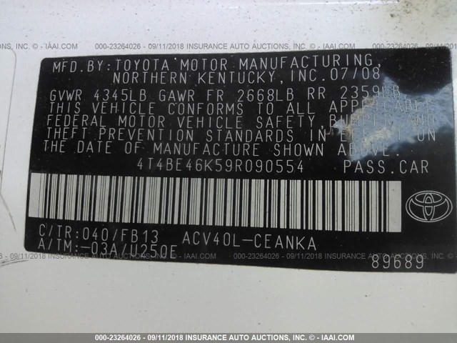 4T4BE46K59R090554 - 2009 TOYOTA CAMRY SE/LE/XLE თეთრი ფოტო 9