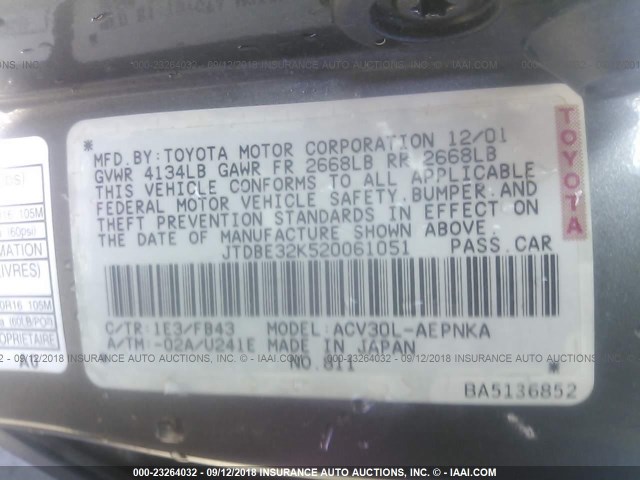 JTDBE32K520061051 - 2002 TOYOTA CAMRY LE/XLE/SE Qəhvəyi foto 9