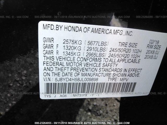 5J8YD4H58JL009898 - 2018 ACURA MDX TECHNOLOGY BLACK photo 9