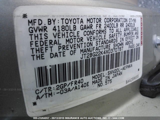JT2BG22K4X0370787 - 1999 TOYOTA CAMRY LE/XLE SILVER photo 9
