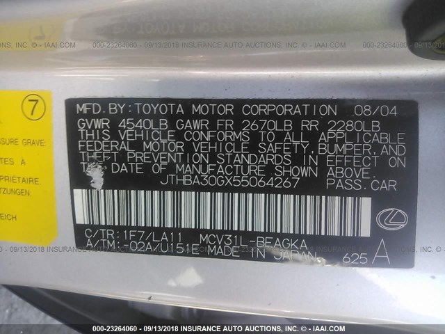 JTHBA30GX55064267 - 2005 LEXUS ES 330 SILVER photo 9