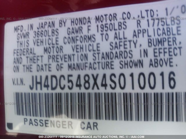 JH4DC548X4S010016 - 2004 ACURA RSX RED photo 9