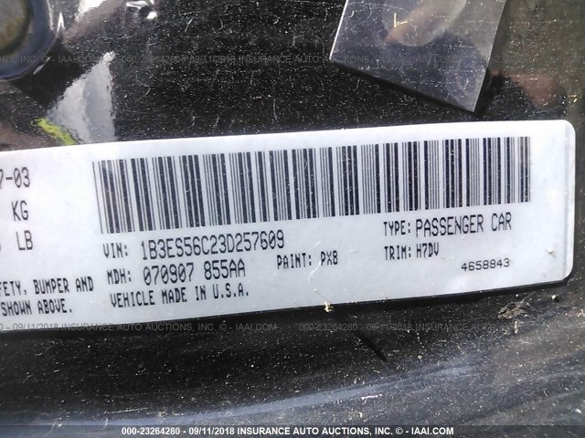 1B3ES56C23D257609 - 2003 DODGE NEON SXT BLACK photo 9