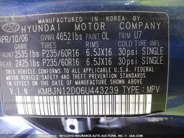 KM8JN12D06U443239 - 2006 HYUNDAI TUCSON GLS/LIMITED BLUE photo 9