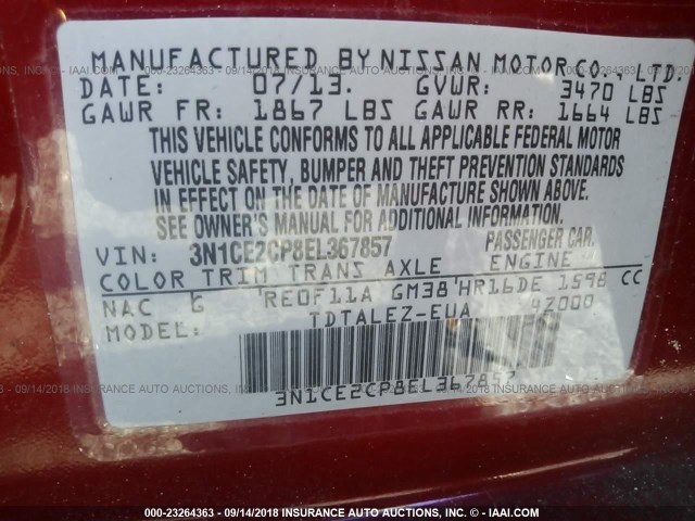 3N1CE2CP8EL367857 - 2014 NISSAN VERSA NOTE S/S PLUS/SV/SL RED photo 9
