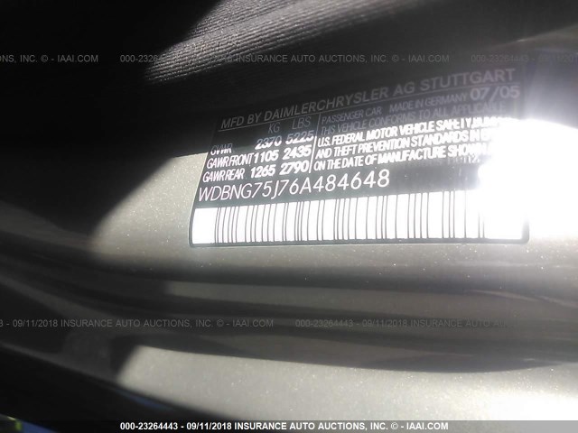 WDBNG75J76A484648 - 2006 MERCEDES-BENZ S 500 GRAY photo 9