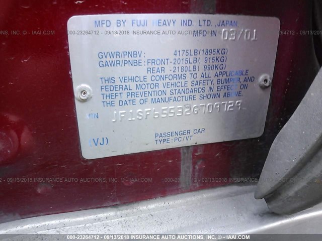 JF1SF65532G709729 - 2002 SUBARU FORESTER S RED photo 9