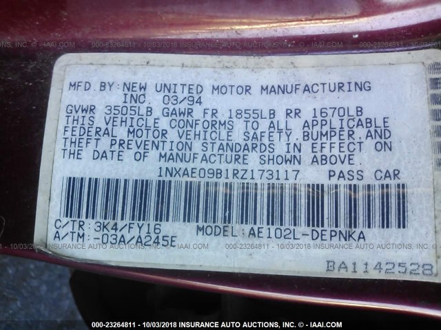 1NXAE09B1RZ173117 - 1994 TOYOTA COROLLA LE/DX 勃艮第红 照片 9