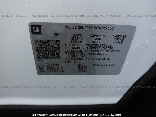 1GKKNMLS1JZ245454 - 2018 GMC ACADIA SLT-1 WHITE photo 9