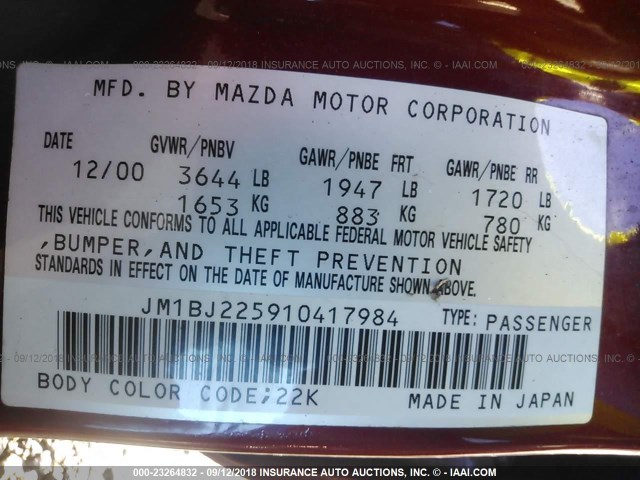 JM1BJ225910417984 - 2001 MAZDA PROTEGE LX/ES წითელი ფოტო 9