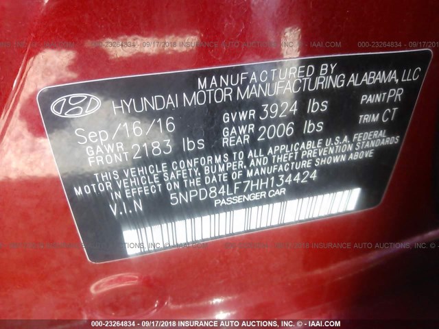 5NPD84LF7HH134424 - 2017 HYUNDAI ELANTRA SE/VALUE/LIMITED RED photo 9