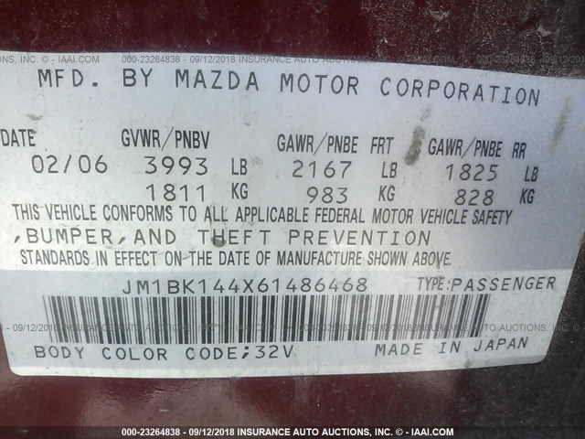 JM1BK144X61486468 - 2006 MAZDA 3 HATCHBACK BURGUNDY photo 9