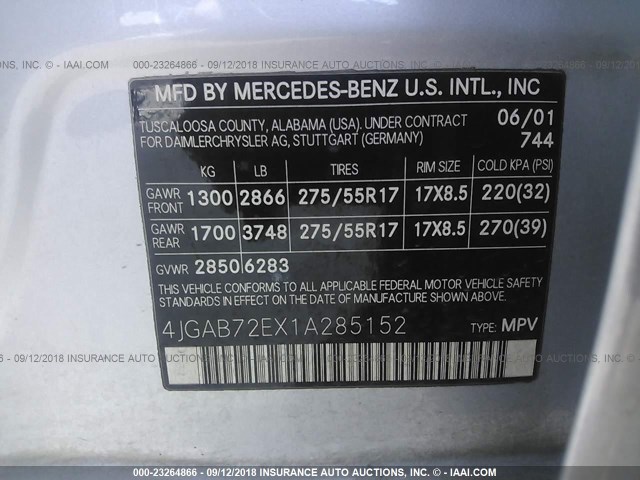 4JGAB72EX1A285152 - 2001 MERCEDES-BENZ ML 430 银色 照片 9