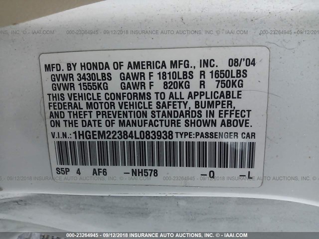 1HGEM22384L083938 - 2004 HONDA CIVIC DX VP WHITE photo 9