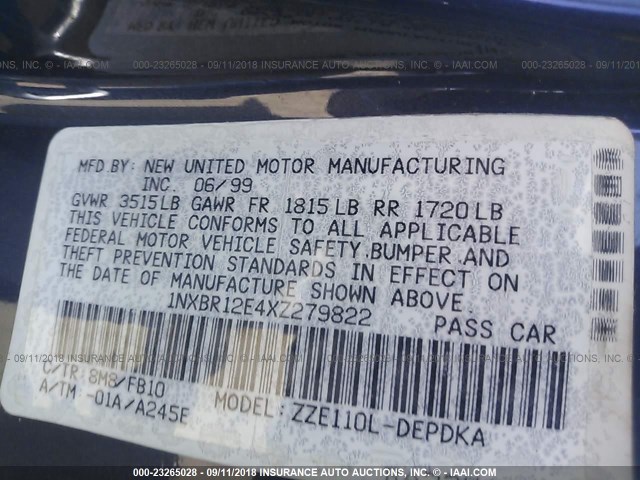 1NXBR12E4XZ279822 - 1999 TOYOTA COROLLA VE/CE/LE 蓝色 照片 9