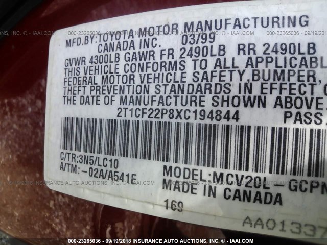 2T1CF22P8XC194844 - 1999 TOYOTA CAMRY SOLARA SE/SLE Qırmızı foto 9