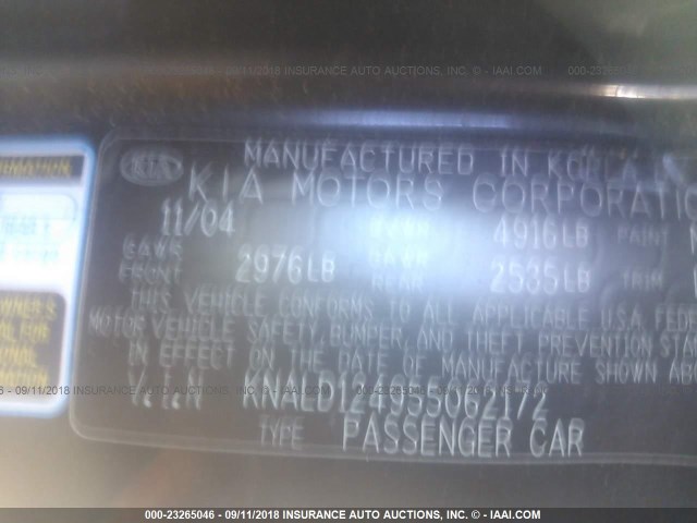 KNALD124955062172 - 2005 KIA AMANTI BLACK photo 9