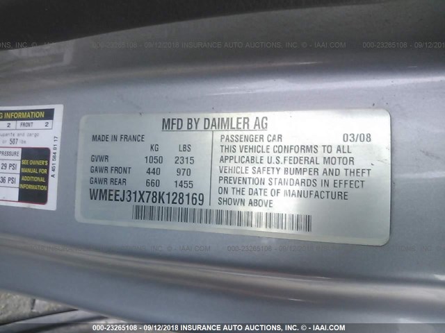 WMEEJ31X78K128169 - 2008 SMART FORTWO PURE/PASSION SILVER photo 9