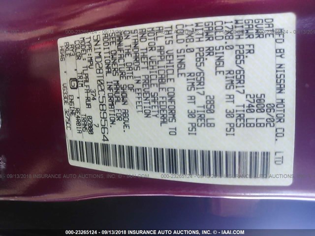 5N1MD28T02C589564 - 2002 NISSAN XTERRA SE/SC MAROON photo 9