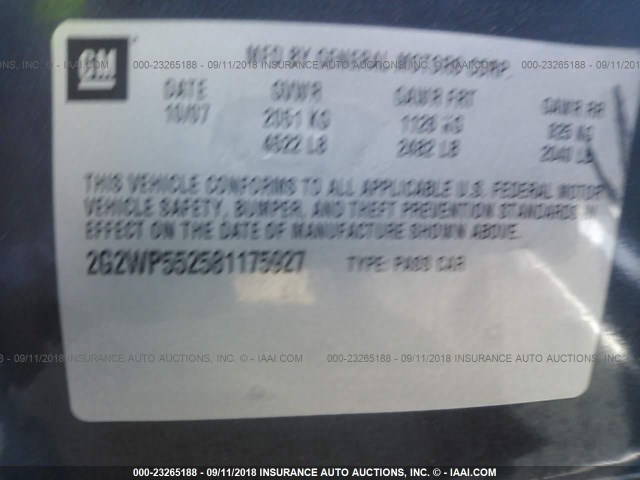 2G2WP552581175927 - 2008 PONTIAC GRAND PRIX GRAY photo 9