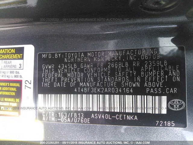 4T4BF3EK2AR034164 - 2010 TOYOTA CAMRY SE/LE/XLE GRAY photo 9