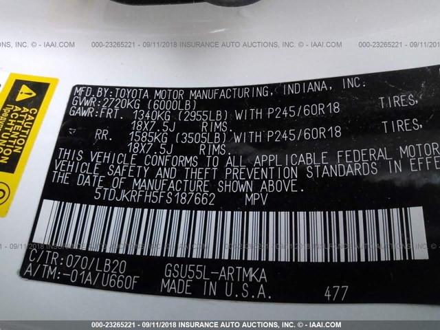 5TDJKRFH5FS187662 - 2015 TOYOTA HIGHLANDER XLE თეთრი ფოტო 9