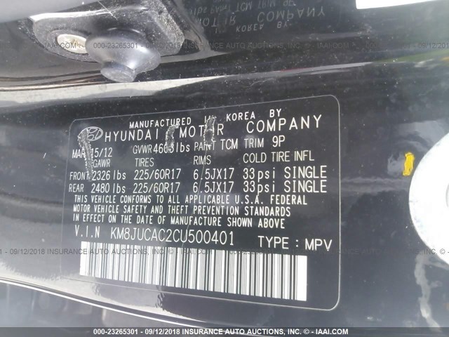 KM8JUCAC2CU500401 - 2012 HYUNDAI TUCSON GLS/LIMITED 黑色 照片 9