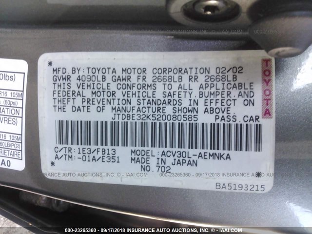 JTDBE32K520080585 - 2002 TOYOTA CAMRY LE/XLE/SE Сұр фото 9